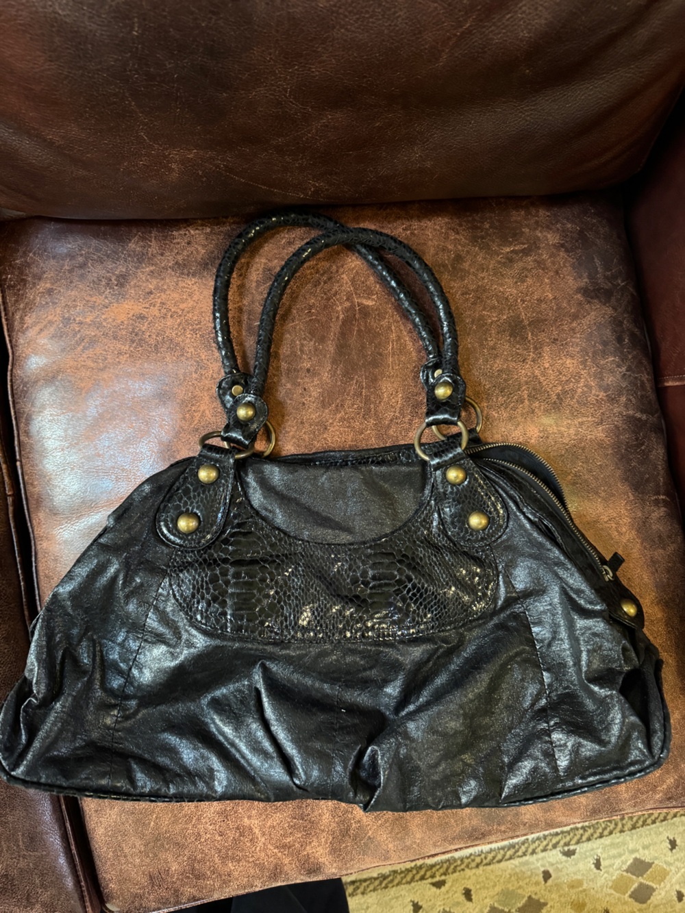 vintage y2k Express Black Leather Tote Bag with Textured Accent